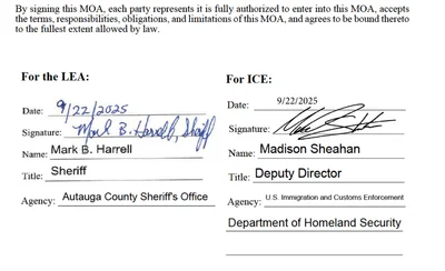 The two-column signature block from a signed 287(g) agreement — the local sheriff's signatory block on the left, ICE's on the right