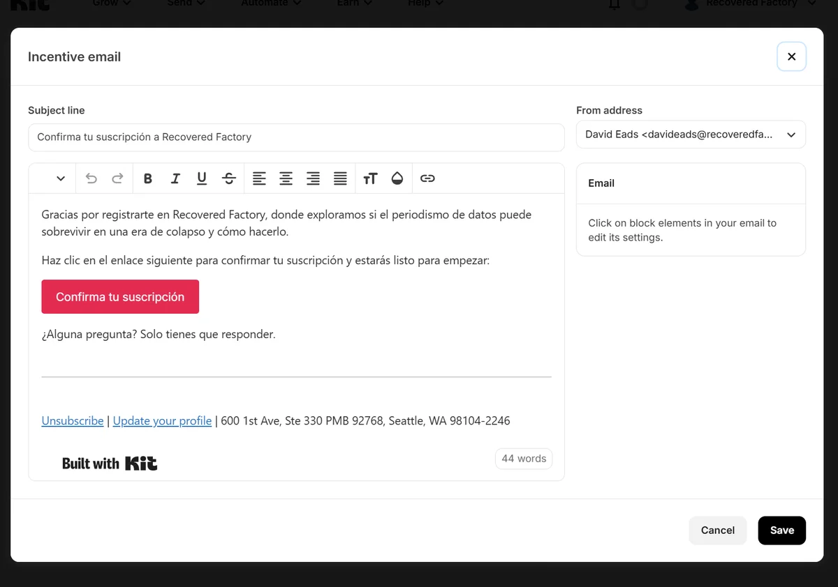 Screenshot of Kit.com's auto-reply editor in Spanish.