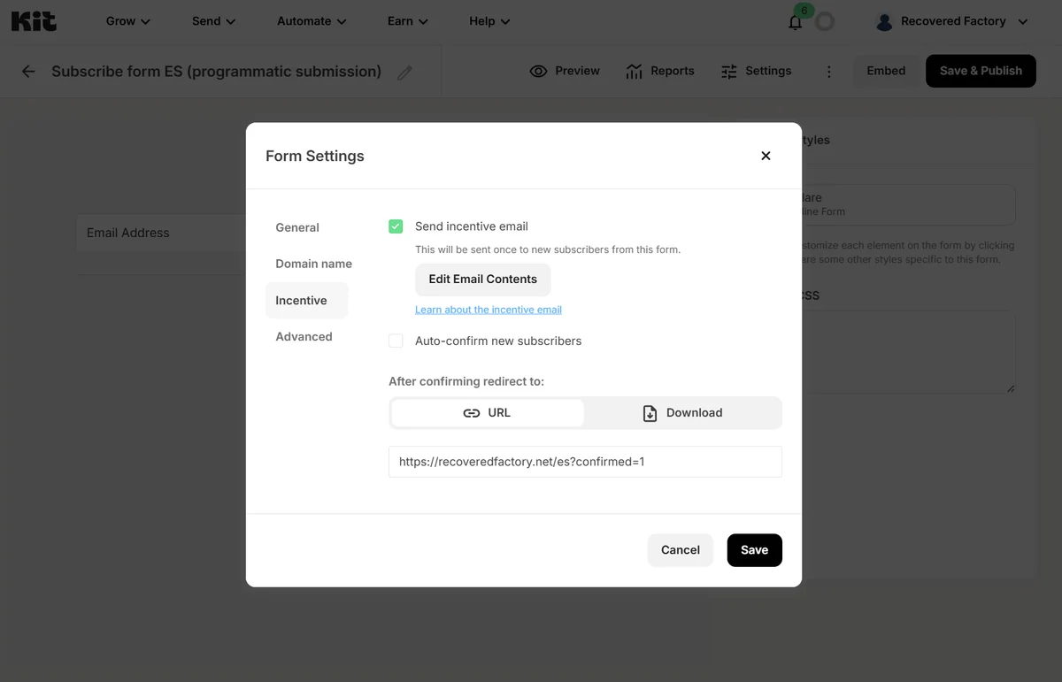 Screenshot of Kit.com's form redirect settings, showing the Spanish redirect for this site.